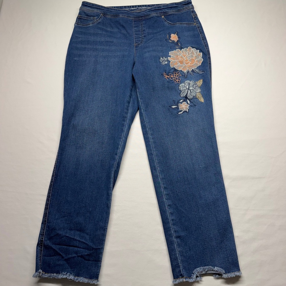 Chico's Girlfriend Jeans Floral Embroidered 2 Blue Slim Ankle Stretch Frayed Hem